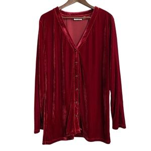 D & CO Red Velvet Stretch Velour Long Sleeve Button Front Cardigan Top XL